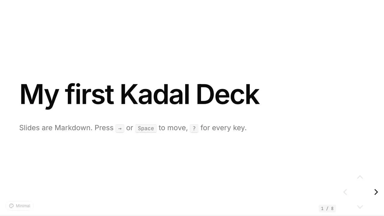 The starter deck’s title slide in the browser, with the theme button bottom left and the slide counter bottom right