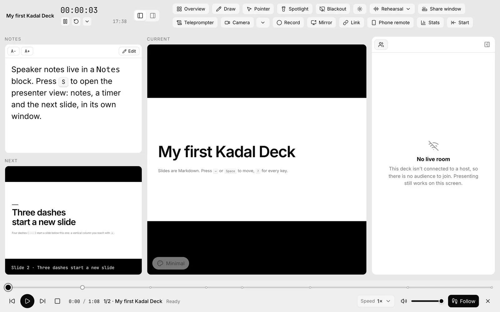 The presenter view: your notes with the next slide under them on the left, the current slide in the middle, the room panel on the right, the timer and tools along the top, and the rehearsal timeline along the bottom
