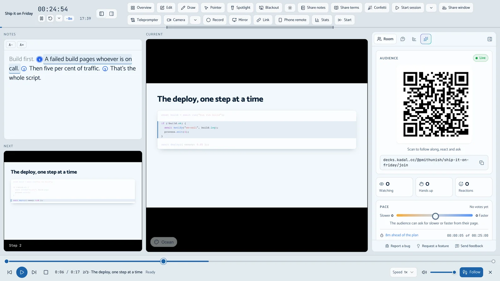 The presenter view: the current slide, the next slide, the notes for this click highlighted, and a 25-minute countdown