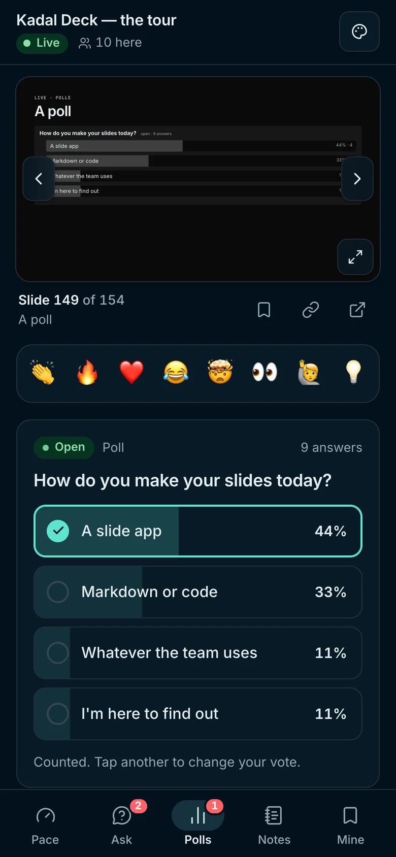 The audience page on a phone: the current slide, reaction buttons, and the poll with its results